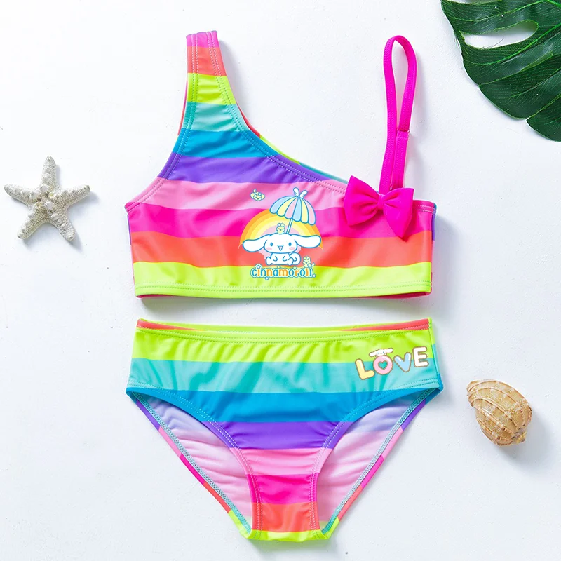 

Cinnamoroll 2pcs Toddler Girl Bikini Tankini Swimsuit Colorful Striped Graphic Bow Top Set Kid Summer Beach Clothes Bathing Suit
