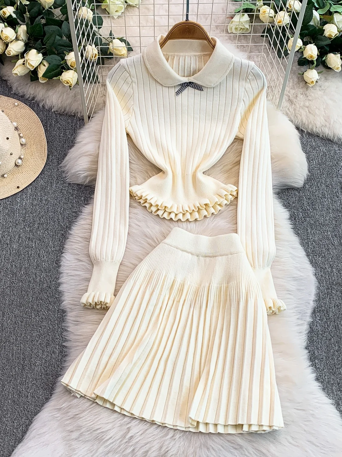 

Sweet Sle Knot Doll Collar Slim Fit Вязаный свитер Юбка Комплект с высокой талией Плиссированная юбка Длинная светящаяся теплая зимняя одежда...