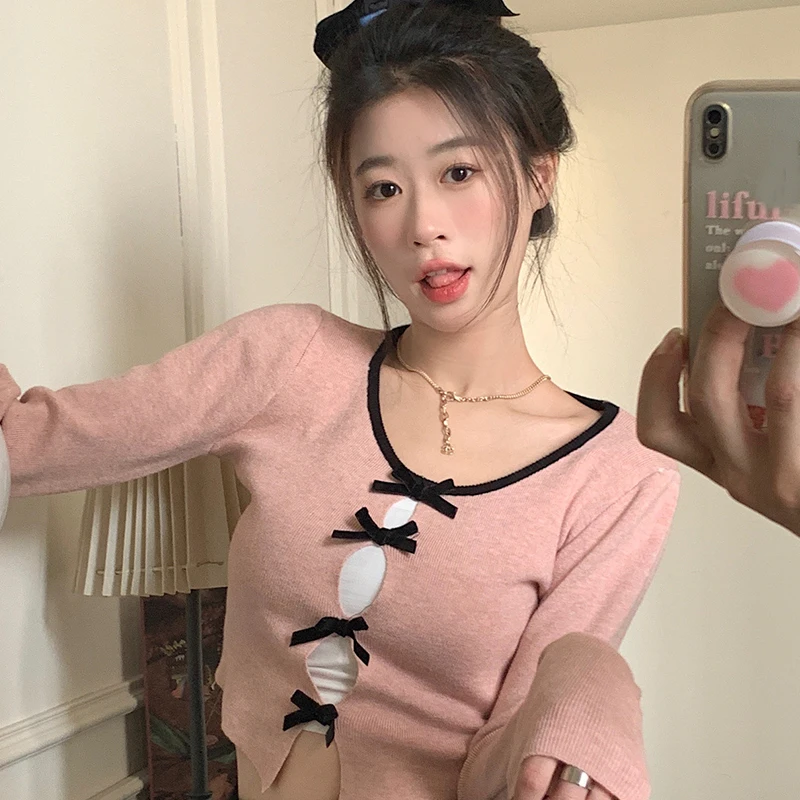 Women Long Sleeve Slim Fit Tees Y2K Sweet Cute Bow Hollowed Knitted Crop Tops 00s Retro Aesthetic Kawaii Korean T-shirt Clothes