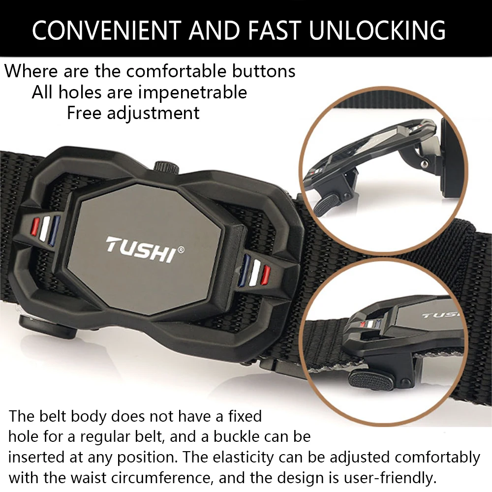 TUSHI 3.4cm Casual Belt for Men Hard Metal Automatic Buckle Tactical Outdoor Waistband Tight Nylon Jeans Black Belt Male Gift