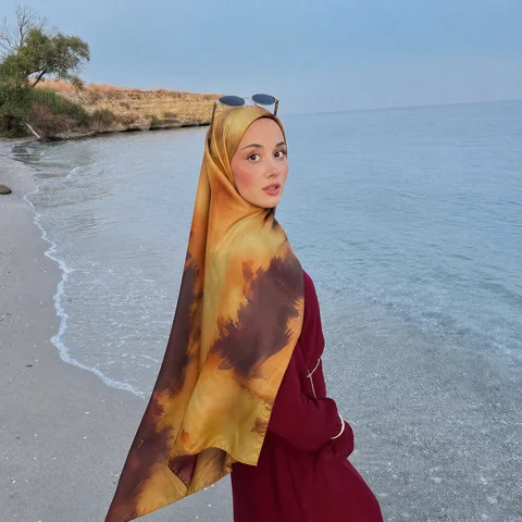 New Shimmer Satin Silk Hijab for Muslim Women Long Scarf Watercolor Print Headscarf Foulard Islam Head Cover Shawl Wrap Bandana