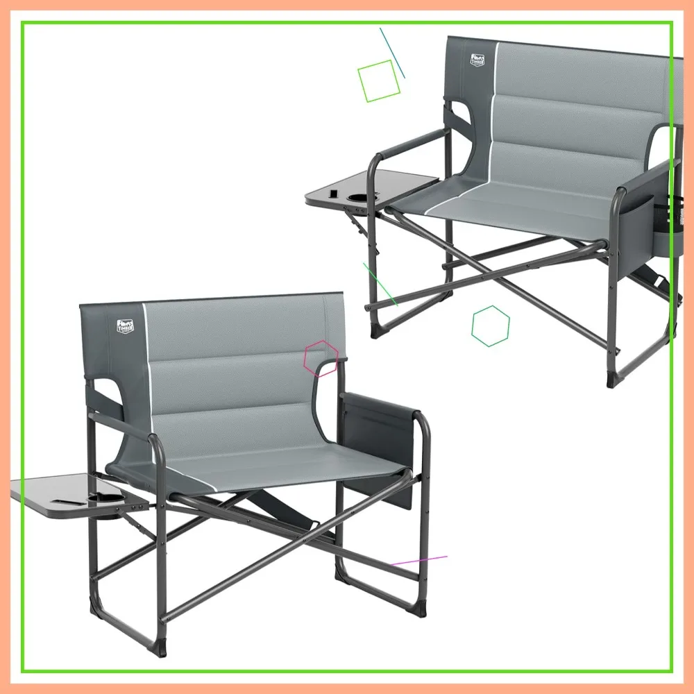 

Foldable Director's Chair with Side Table, Heavy Duty 500 lbs Capacity, Oversized Camping Chair for Adults, Grey - 2 Pack