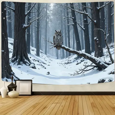 1pc Wall Tapestry "Winter Forest Owl Tapestry - Snowy Landscape Wall Hanging Art"