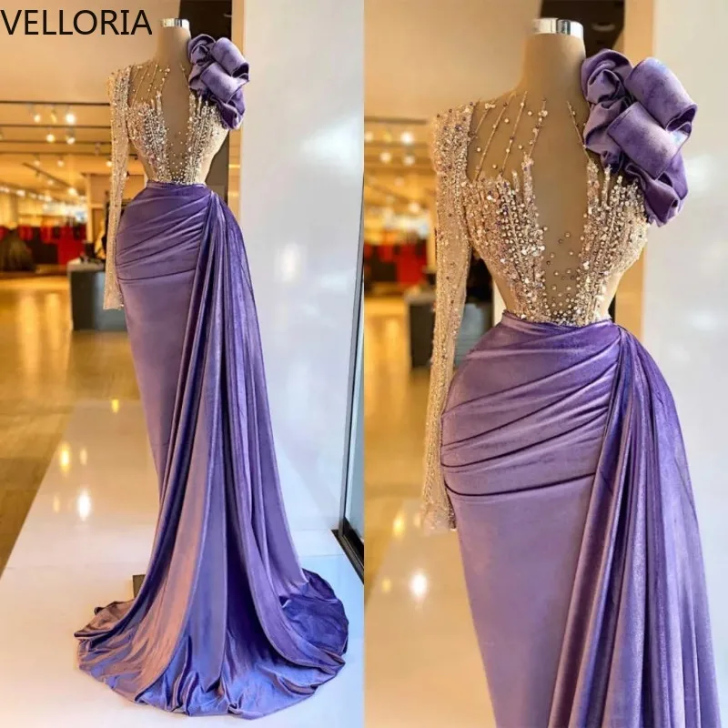 Luxo roxo cetim sereia vestidos de noite 2025 pesado frisado cristais ilusão corpete uma manga 3d flor vestido de baile personalizado