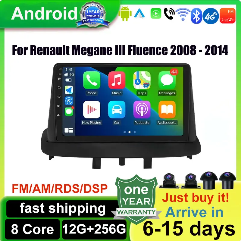 Android 14 For Renault Megane III Fluence 2008 - 2014 Auto Radio Player WIFI 4G DSP OBD CarPlay No DVD GPS Navigation 360 Camera