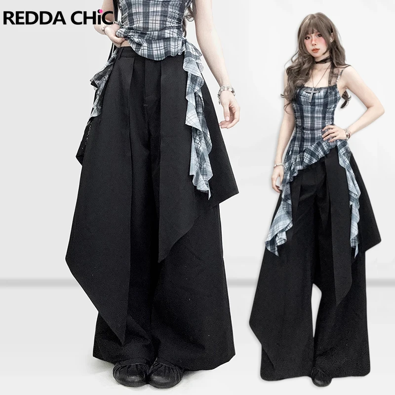 

REDDACHiC Women Skirt Layered Black Suit Pants Grunge Irregular Low Rise Stitch Baggy Dressy Trousers Simple Alternative Clothes