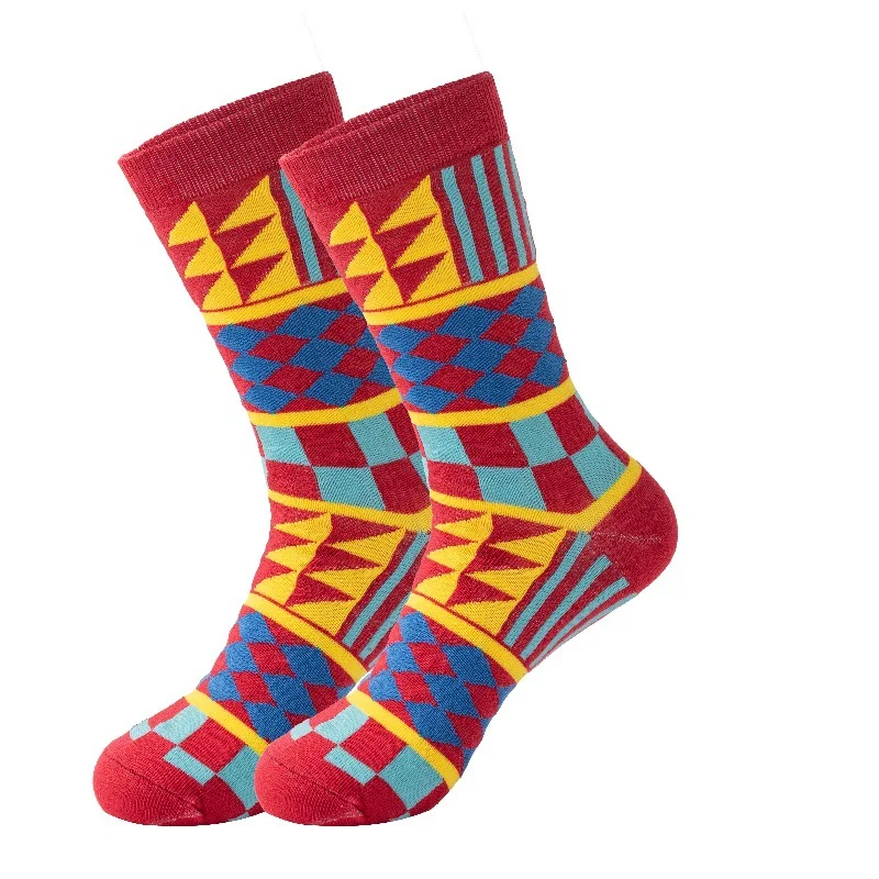 격자 무늬 기하학적 다이아몬드 패턴 색상 대비 혼합 하라주쿠 힙합 스타일 남성용 편안한 통기성 미드 카프 양말(5쌍)