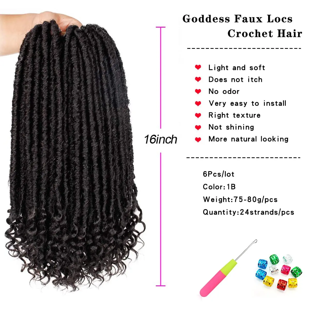 Black Star Faux Locs Crochet cabelo para mulheres, pré Looped Rio Locs, deusa com encaracolado termina, 16-24"