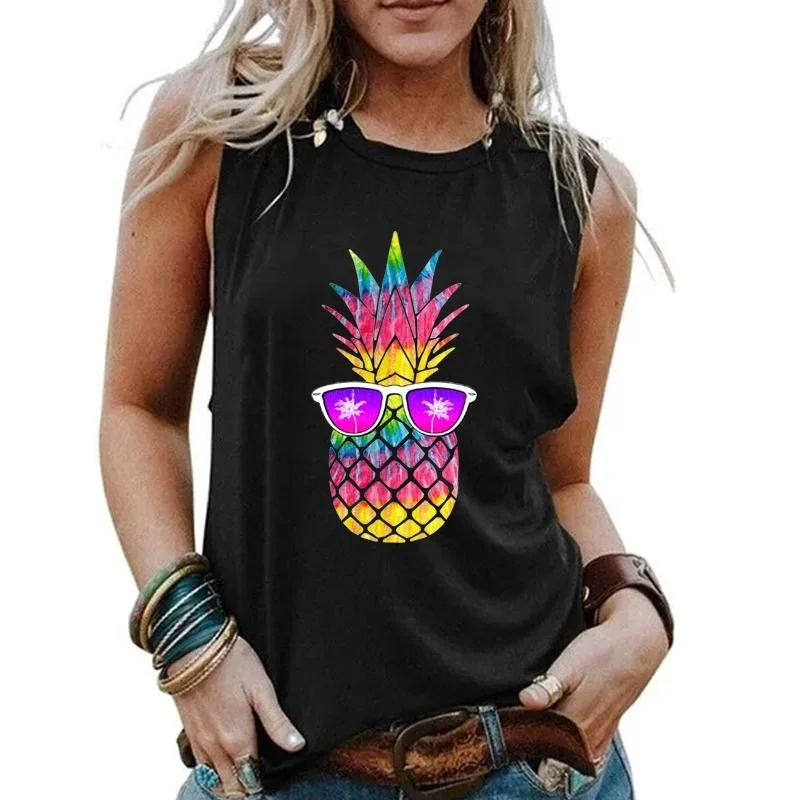 Fashion Fun Wear Sunglasses Pineapple Print Vest Women's Sleeveless Summer Shirt Ladies Round Neck Harajuku Teen Tops