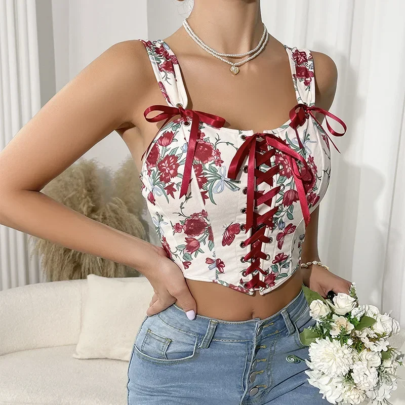 Fashion Floral Graphic New Tank Top with Strap Trendy Elegant Chic 2000s Women Slim Fit Crop Top Female Casual Office Clothing