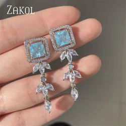 ZAKOL New Luxury Light Blue Square Zircon Long Tassel Drop Earring for Women Fashion Leaf Wedding Engagement Jewelry EP5351