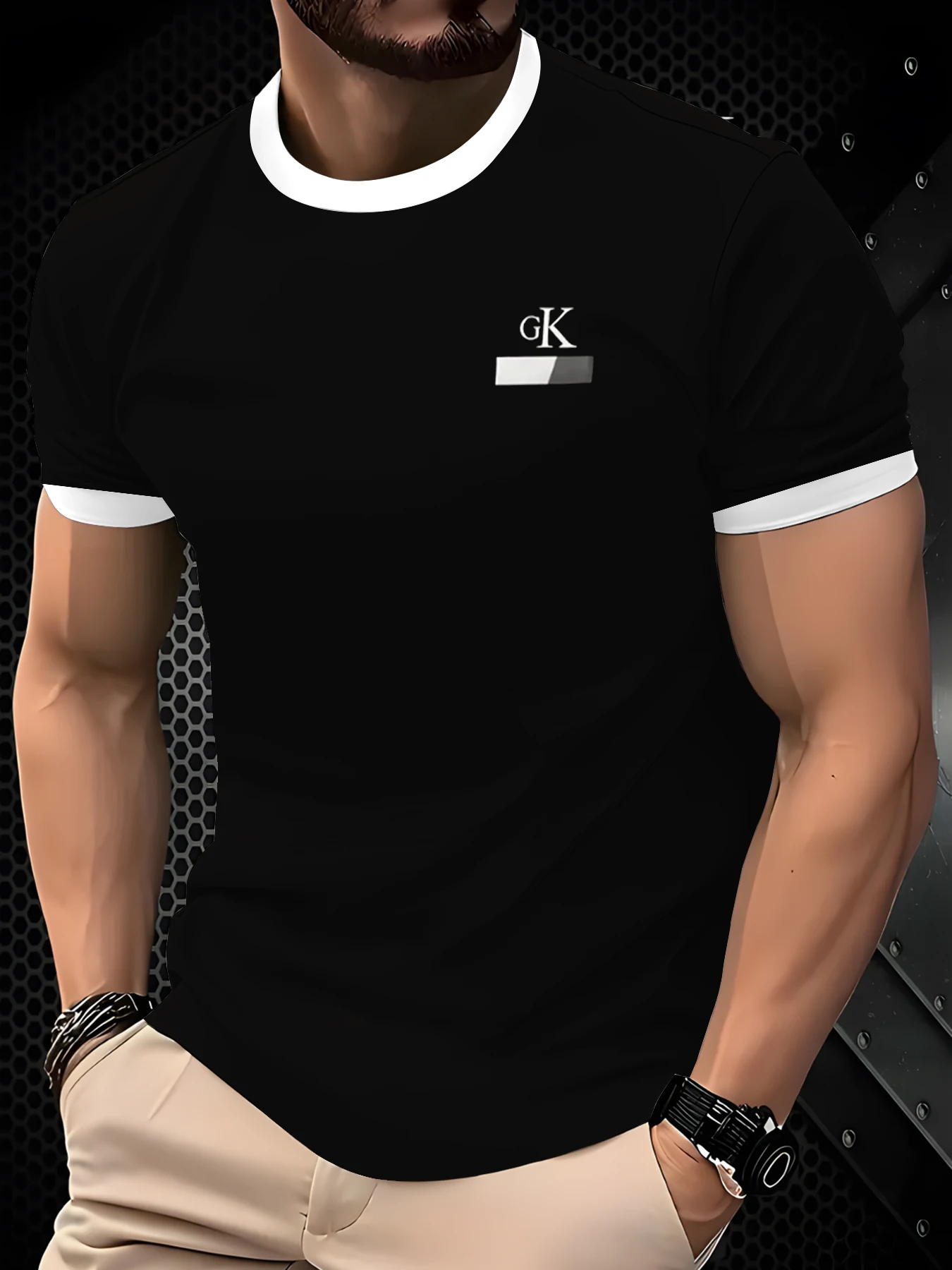 Casual Men Basic Ringer Tee Minimal Chest Letter Decor Short Sleeve Top