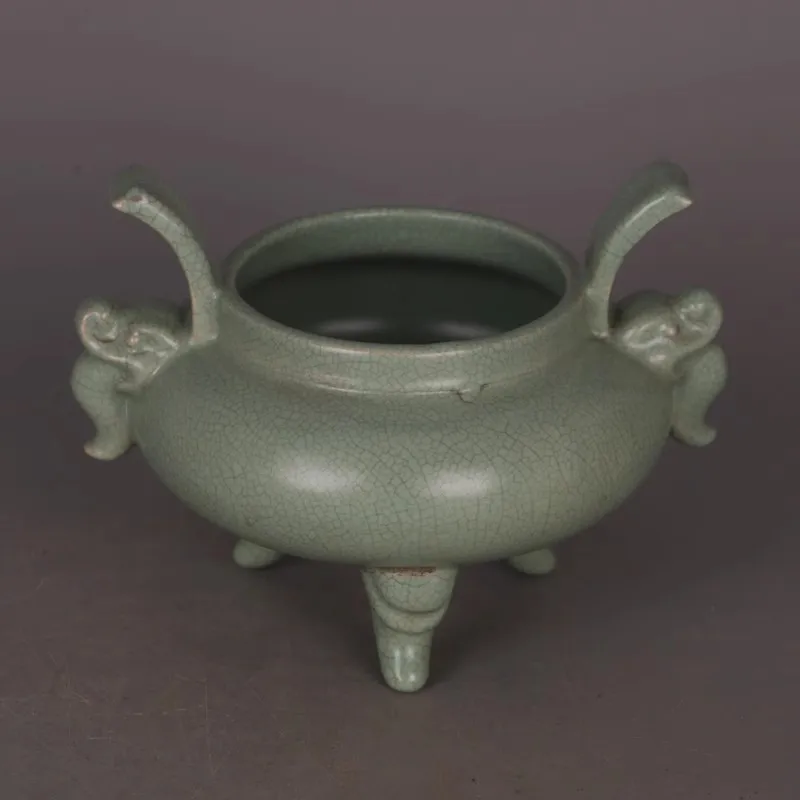 

Сун Dynasty Ru Kiln салонная глазурованная курильница с двойными ручками, мотивами головы дракона, три ножки, антикварный декоративный предмет