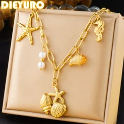DIEYURO 316L Stainless Steel Sea Shell Starfish Conch Multiple Pendant Necklace For Women New Fashion Neck Chain Jewelry Gift
