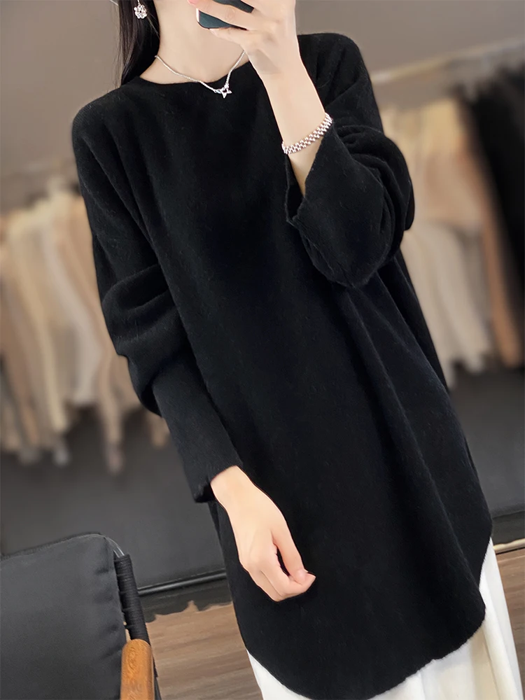 Fashion Women Round Collar Sweater 100% Merino Wool Pullovers Autumn Winter Loose Cashmere Knitwear Female Clothes Korean Tops