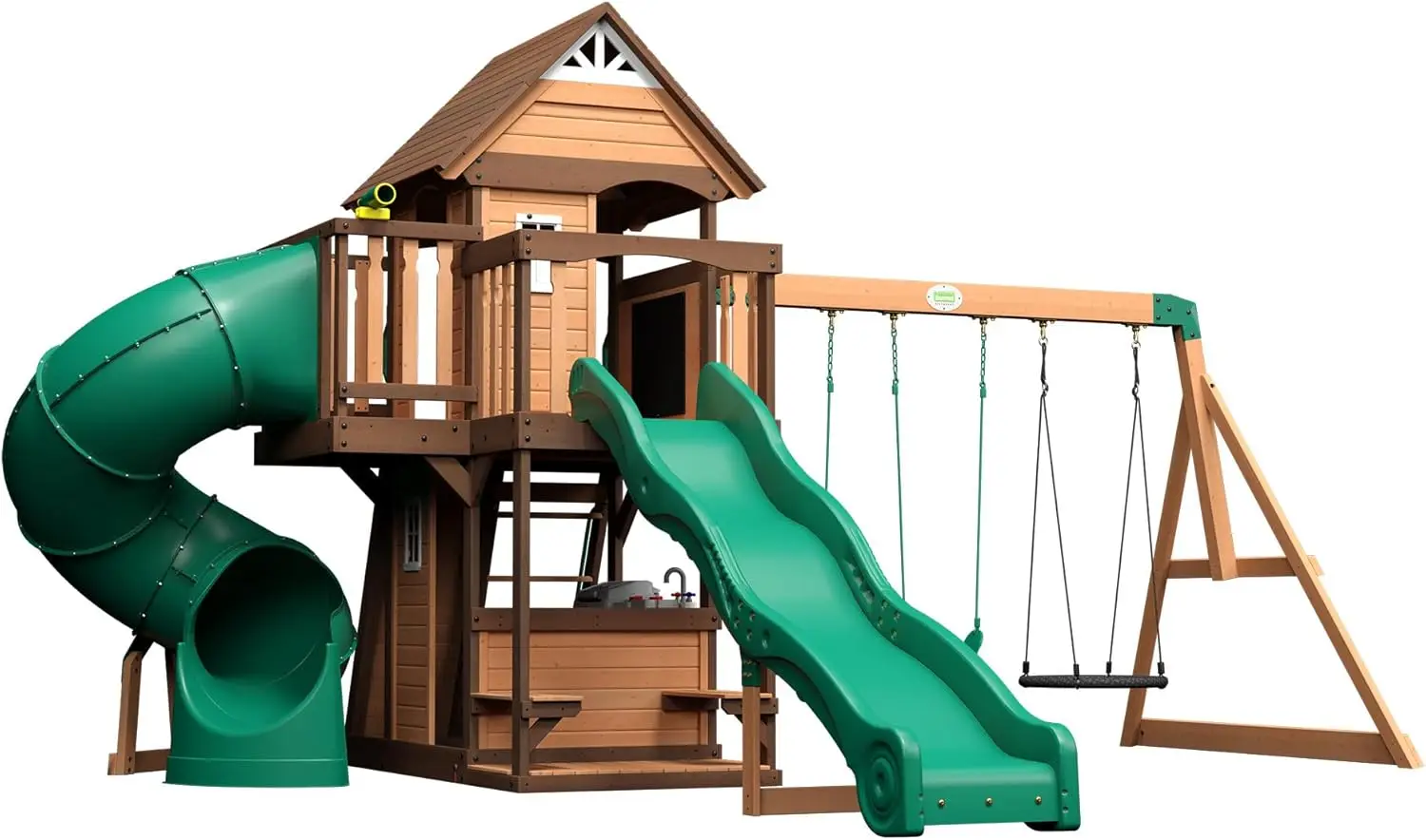 Juego de columpios de madera, parque infantil, pizarra, telescopio, doble diapositiva, cocina, carriles de columpio anchos