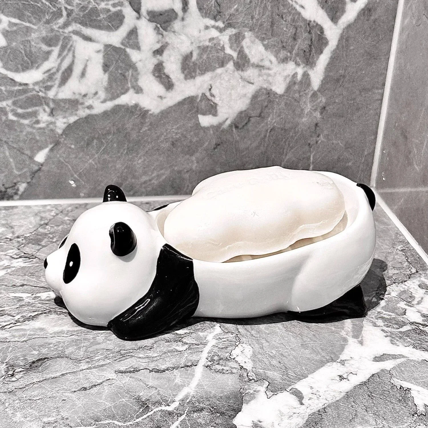 NEW 1PC Ceramic Shower Soap Holder Bathroom Supplies Panda Shape Soap Box Water Guide Hole Storage Plate Bathroom Accessories