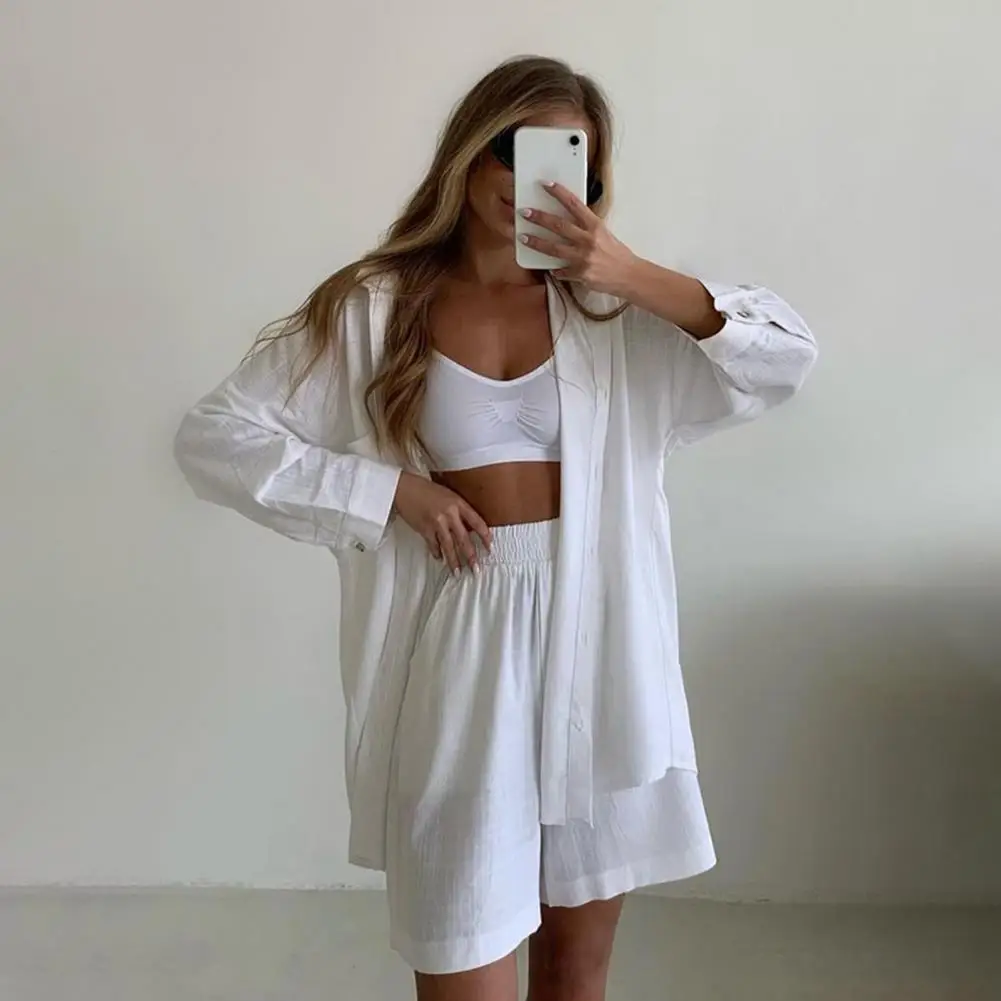 Women High-waisted Shorts Suit Women's Casual Commute Outfit Long Sleeve Shirt High Waist Shorts Set Solid Color for Everyday