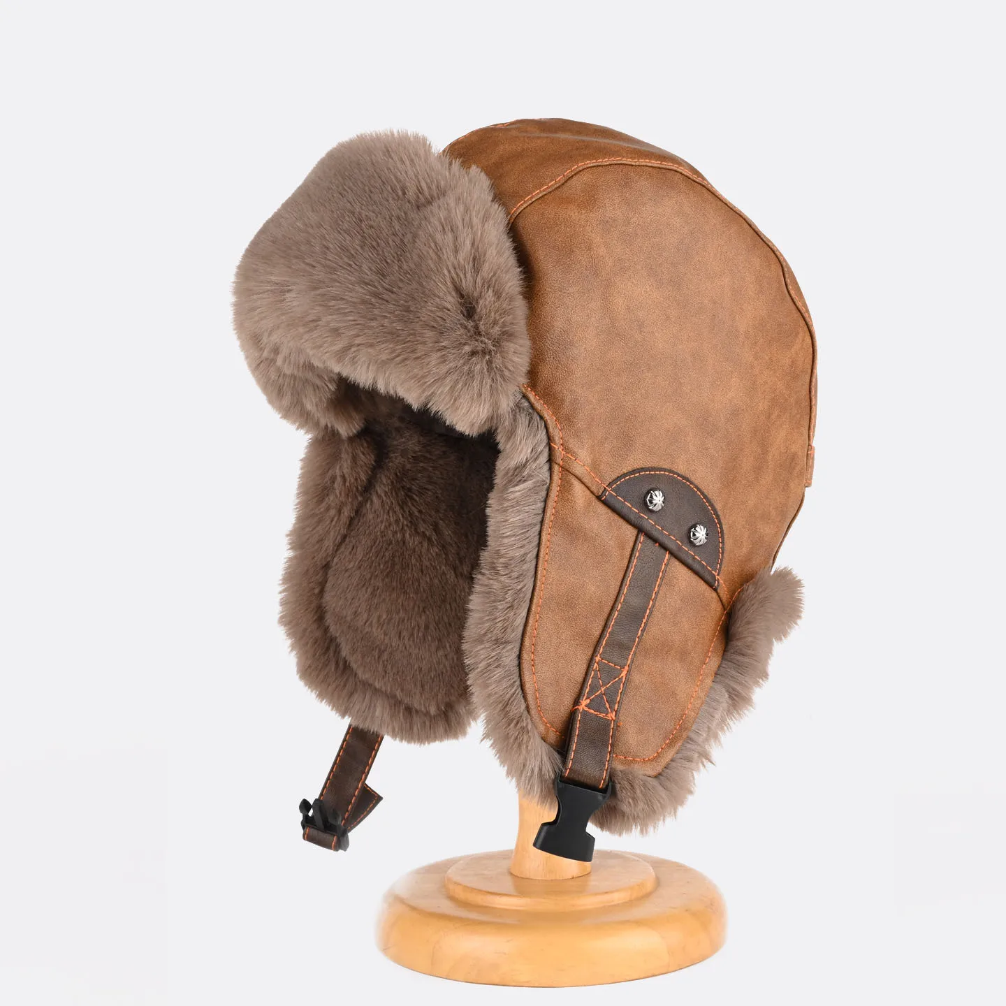 PU bomber hats for men plush lining thickened winter hats with earflaps