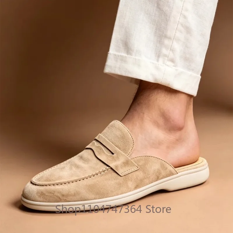High End Fashion Slippers Men's Shoes Summer Cow Suede Casual Slip ON Flat Half Slippers Male Genuine Leather Loafers Youth