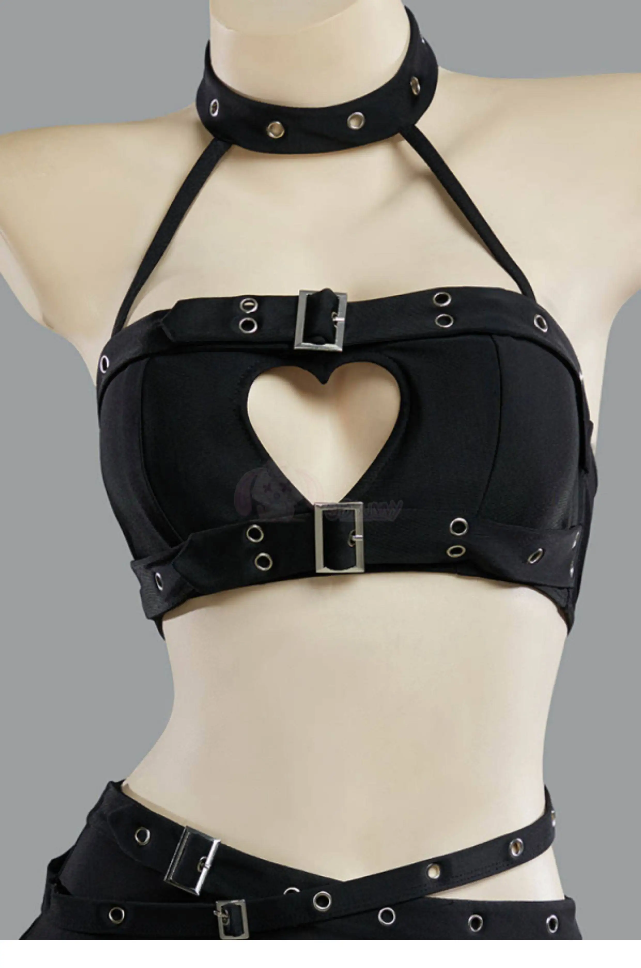 Gothic Punk Heart Hollow Halter Swimsuit Women Sexy Black Two Piece Mini Skirt Suit Beach Bathing Set Halloween Carnival Clothes view 4