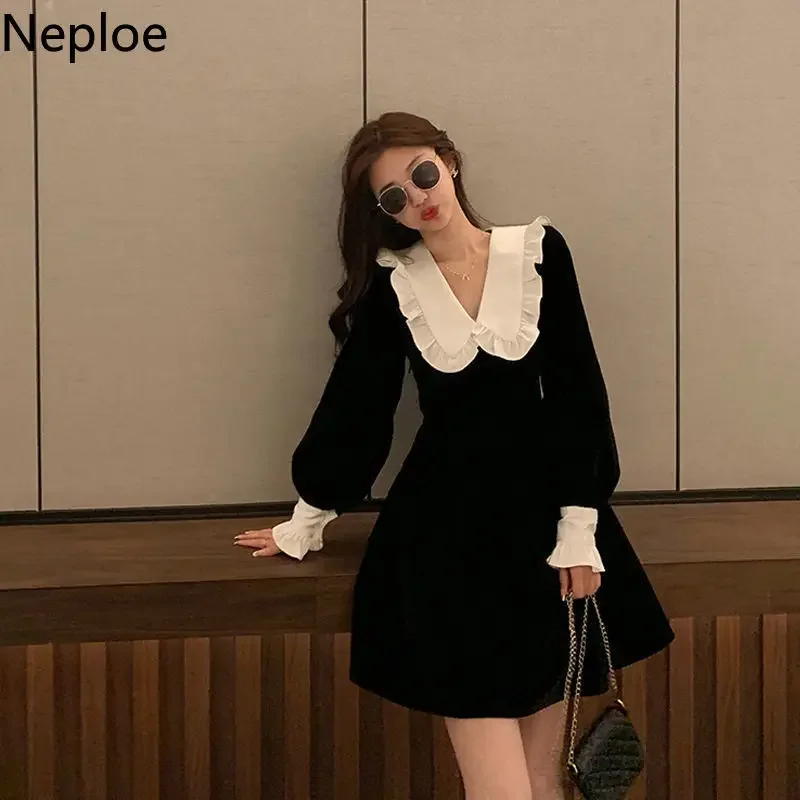 Neploe Dress for Women Chic Peter Pan Collar Vintage Vestidos De Mujer Slim Waist Ruffles Velvet Korean Dresses Temperament Robe