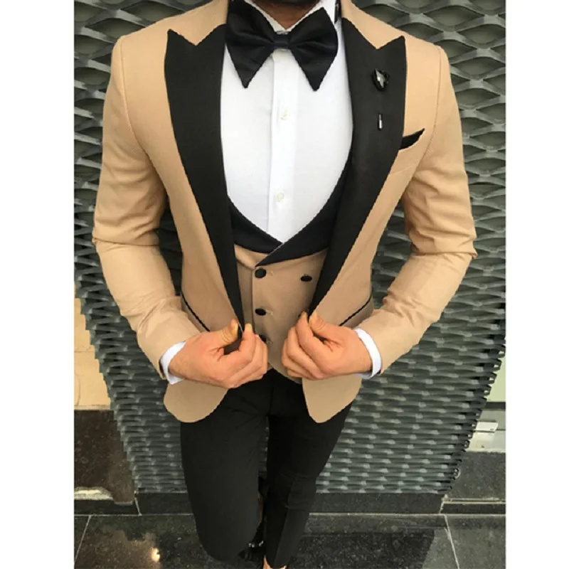 

Champagne Tuxedo Wedding Men Suit Black Peak Lapel Fashion Terno Masculino Slim Fit Groom Prom Man Blazer Custom Made 3 Pieces