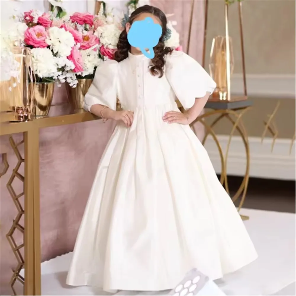 

Customized Elegant Bridesmaid Flower Girl Dress For Wedding Pleated Satin Half Sleeve Kids Birthday Party First Communion Gown