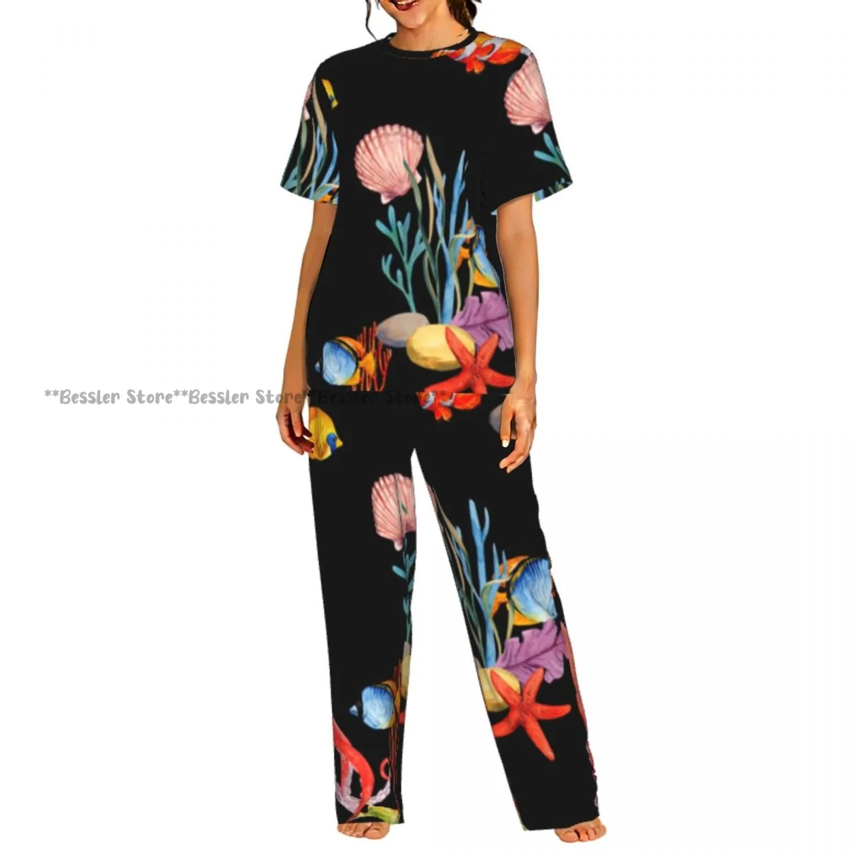 

Женский комплект из 2 предметов: пижама с принтом тропических рыб, топ с короткими рукавами и брюки для сна