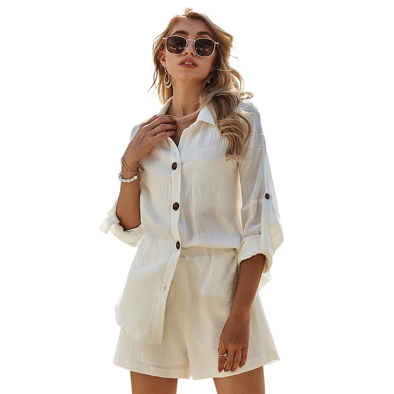 Summer Spring Two Piece Set Tracksuit Casual Outfit Suits Women White Shirt Blouse Tops Cotton Linen Shorts Pants 2 Piece Sets