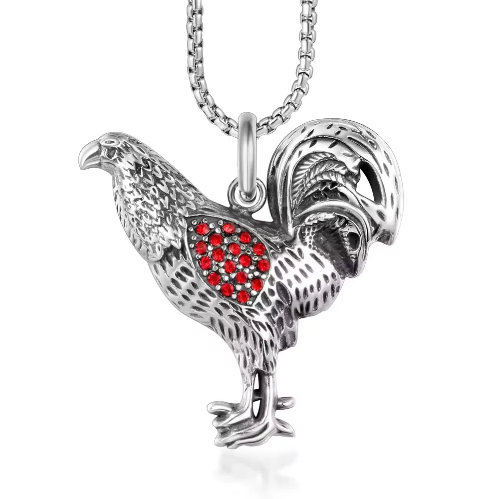 Male Titanium Steel Red Cubic Zirconia Rooster Pendant Necklace Punk Necklace Animal Portrait Necklace