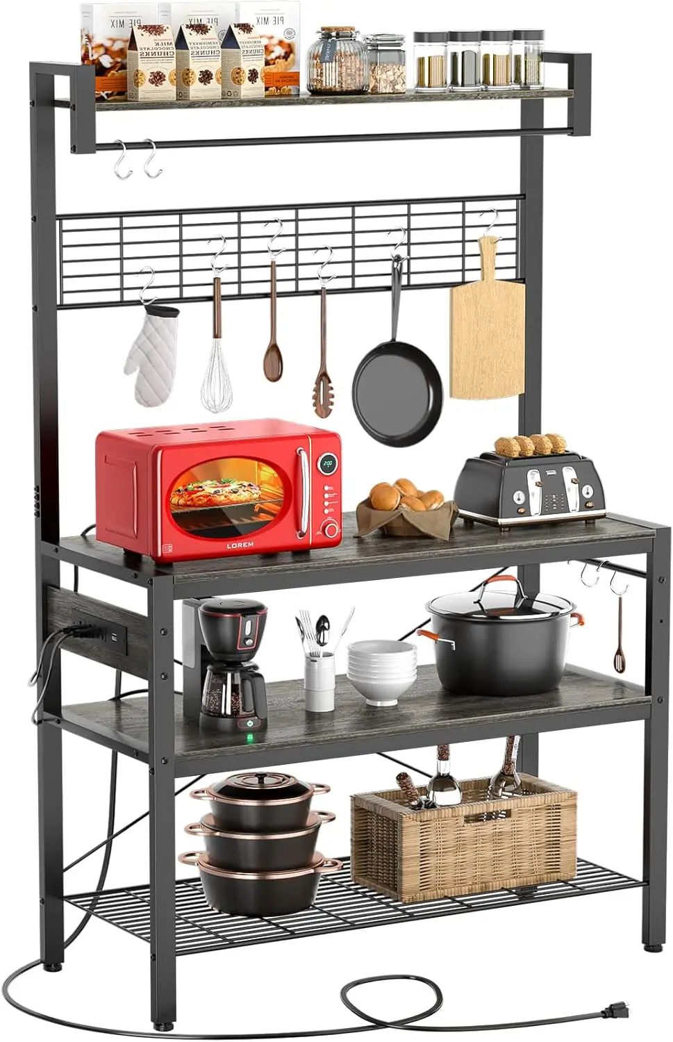 

Bakers Rack with Power Outlet, 4-Tier Microwave Oven Stand, Coffee Bar Station w/ 10 Hooks, Large Kitchen Storage Shelf w/ Hutch