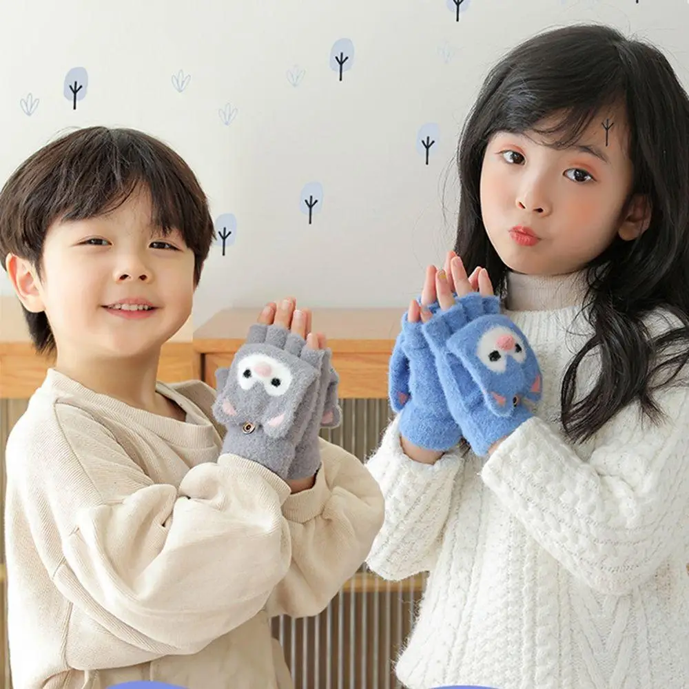 Winter Warm Fingerless  Bear Shape Cat Ear Children Gloves Flip Cover Gloves Korean Knitted Mittens Half Finger Gloves