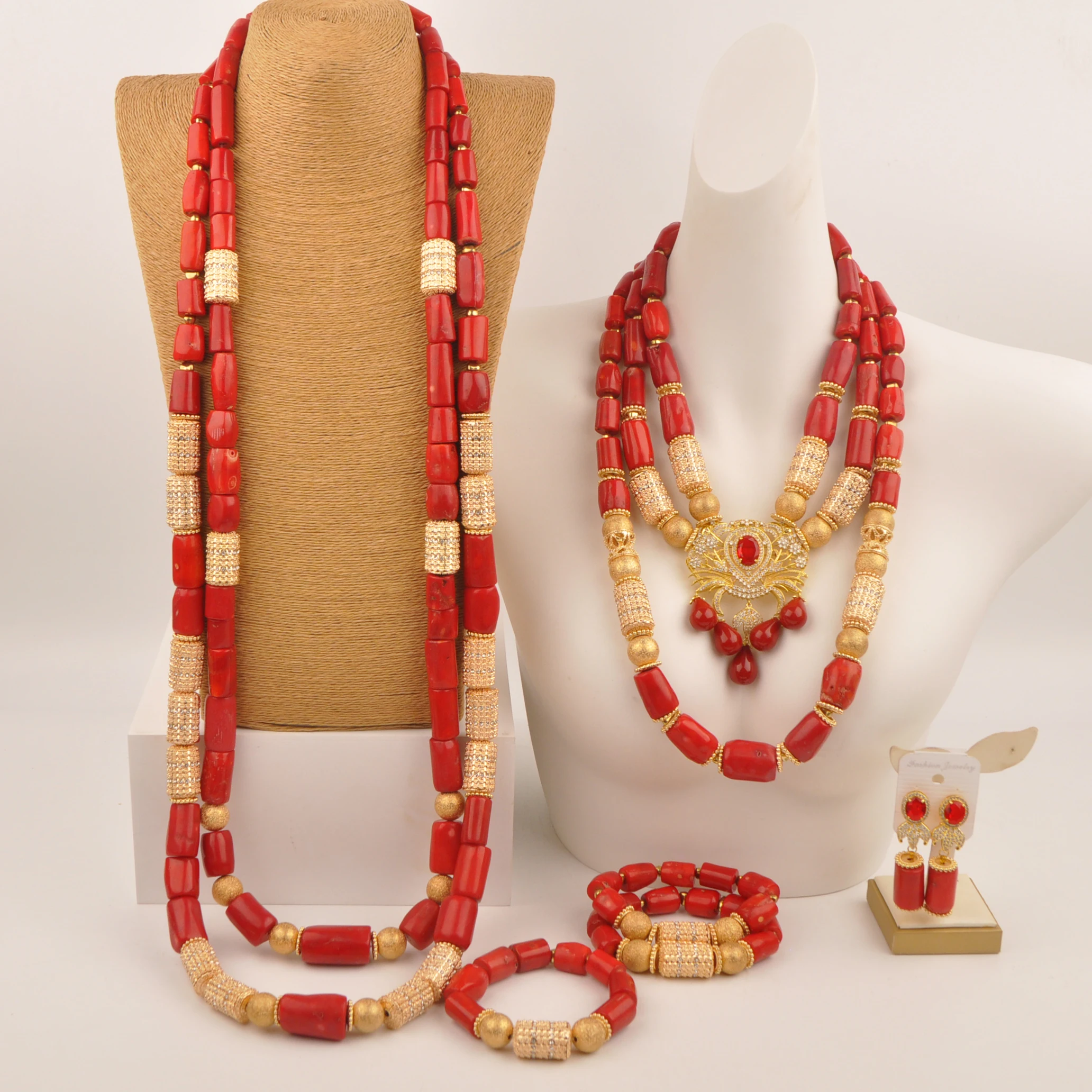 Fashion African Necklace Red Coral Jewelry Set for Nigerian Weddings