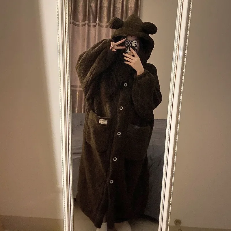 Bear Robe for Women Sleepwear Hooded Nightdress Winter Pajama Fleece Night Wears Warm One Piece Nightgown Long Sleeve Homewear