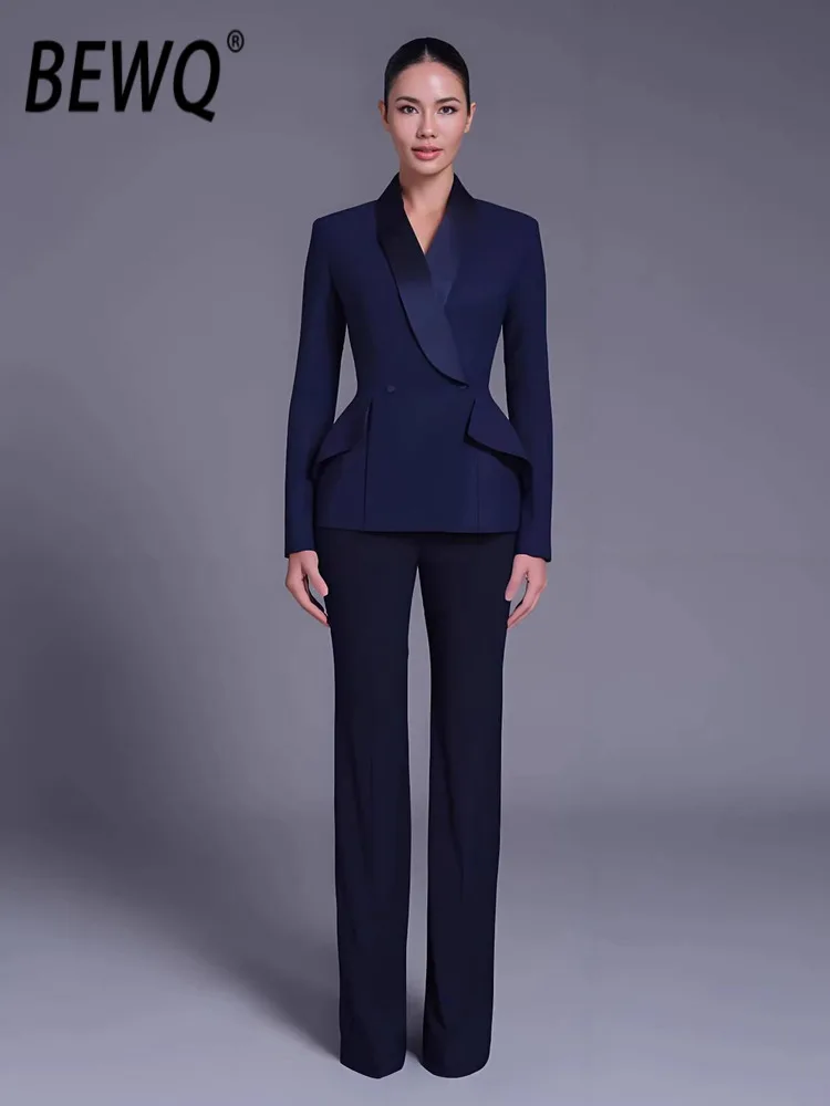

BEWQ Fashion Women's 2 Pcs Set Notched Long Sleeve Retro Blazer High Waist Solid Color Pants Elegant Suit 2026 Spring New