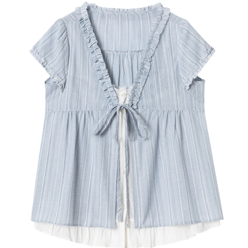 Koreańska Moda Damska Letnia Duży Rozmiar Lolita Słodka Bluzka Urocze Falbanki Bufiaste Rękawy Bandage Top Udający Dwuczęściowy Koreański Trend