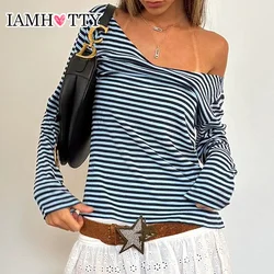 IAMHOTTY High Street Striped Top Deep V-neck Long Sleeve T-shirts Casual Basic Slim-fitting Tops Vintage Chic Elegant Tees Fall