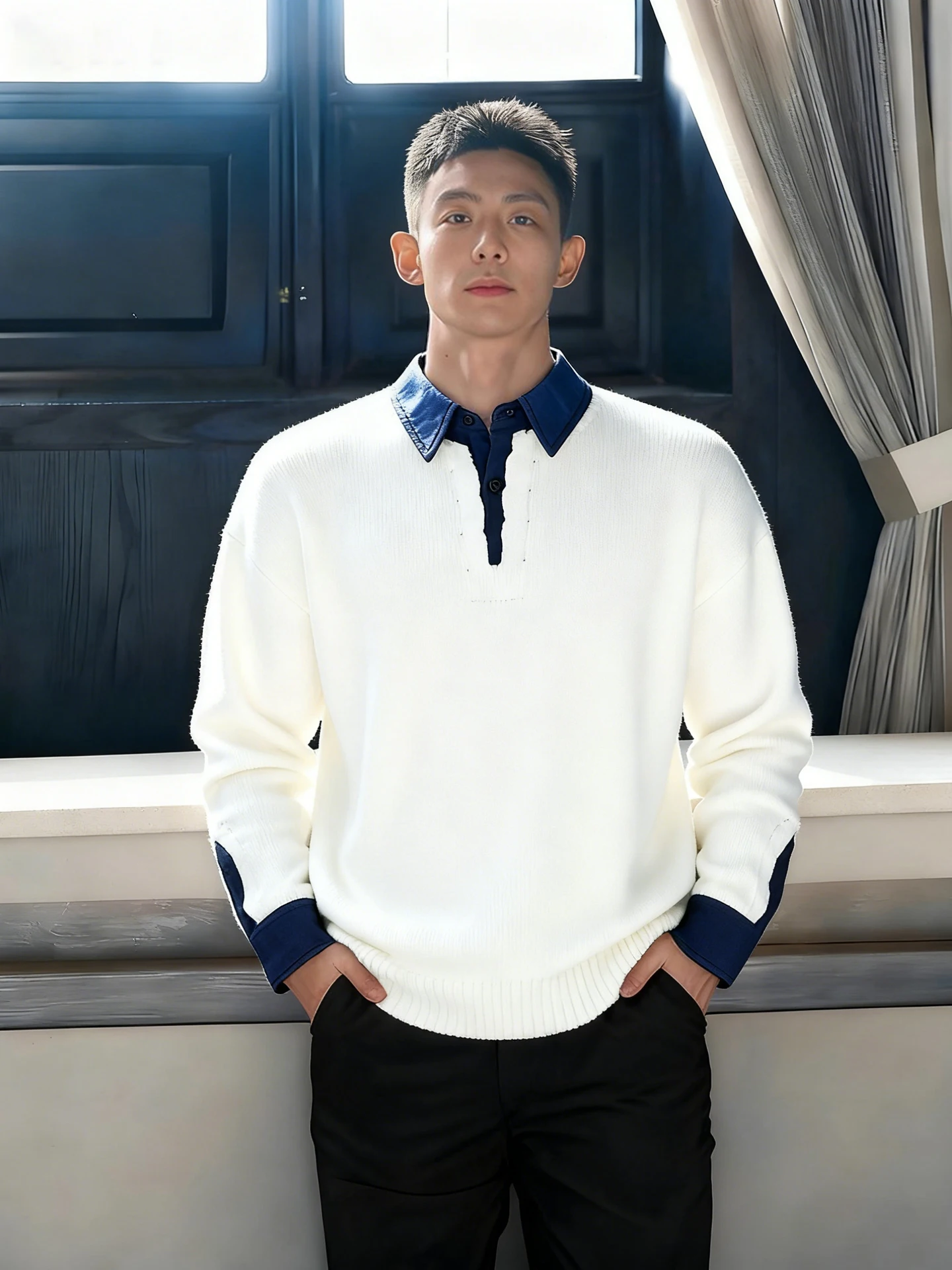 

White Knitted Men's irt Inner Wear irt Collar Base Layer Fake Two-Piece Winter Korean Sle Lazy High-End Feeling
