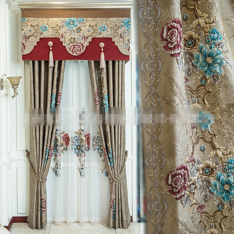 

Custom curtains luxury American embossed palace bedroom coffee Jacquard cloth blackout curtain tulle valance drape C951