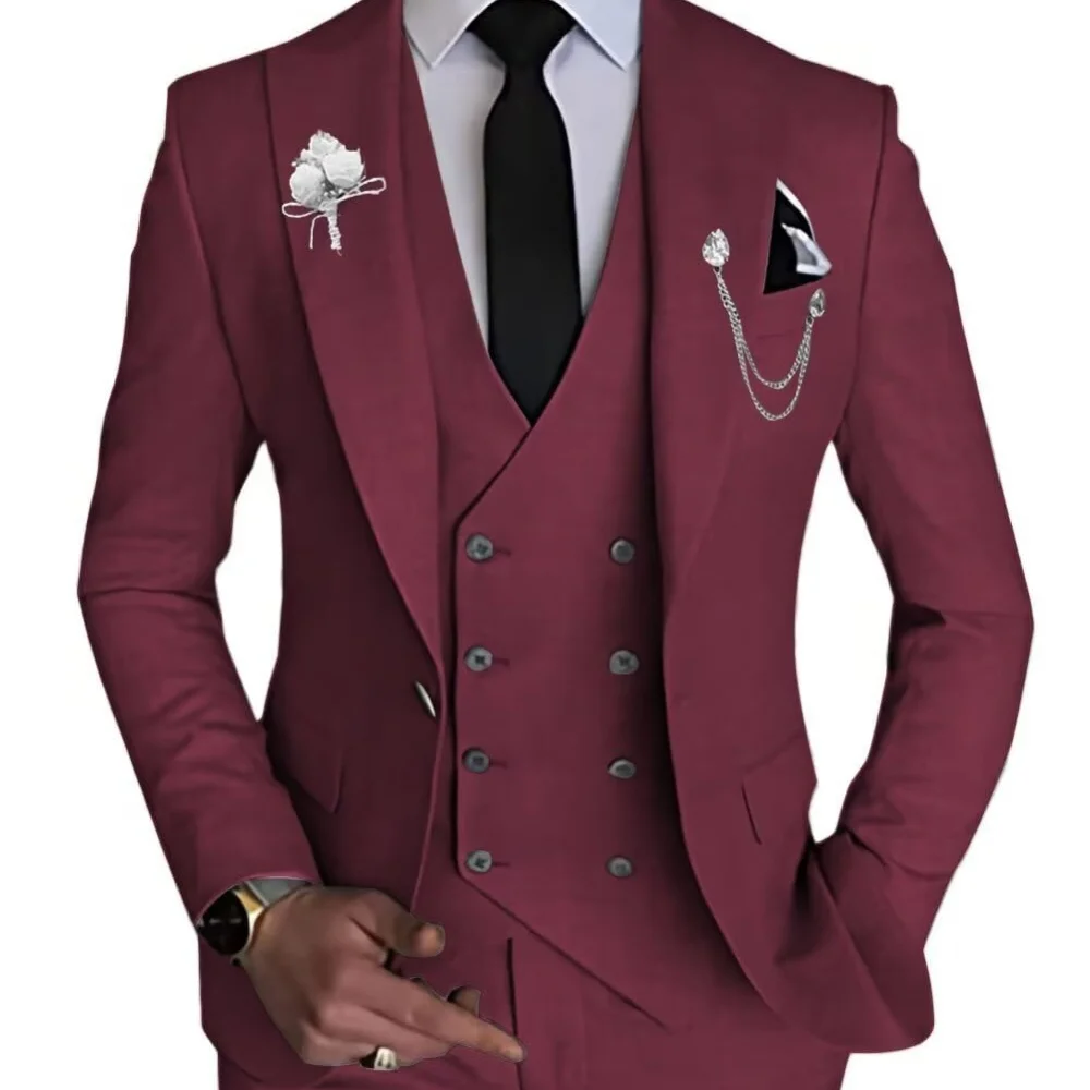 أنيقة الوردي الأحمر 3 قطع سليم صالح الرجال دعوى مزدوجة الصدر السترة سترة فستان أطفال مع سروال داخلي لحفل زفاف العريس سهرة الأعمال #3