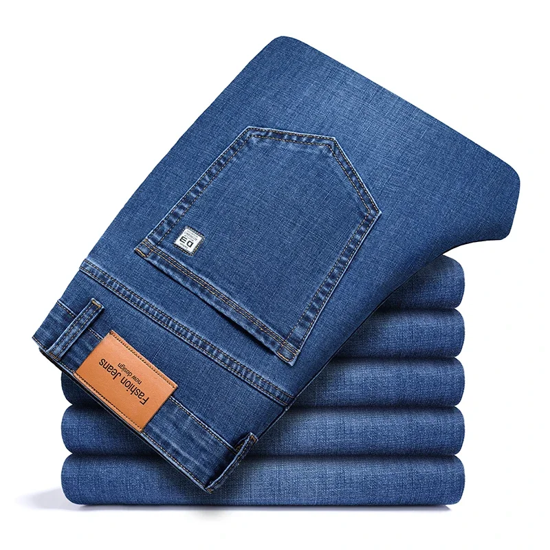 Весенне-осенние новые классические прямые мужские джинсы средней весы для делового отдыха, хлопковые эластичные брюки со средней и высокой талией