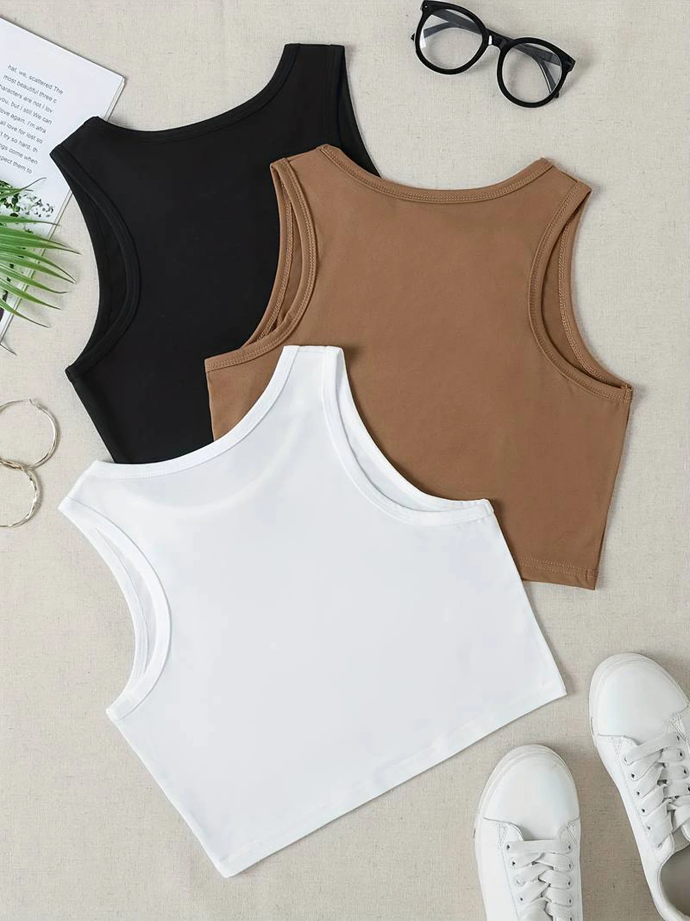 3pack Women's Solid Color Cropped Crop Crew Neck Tank Top