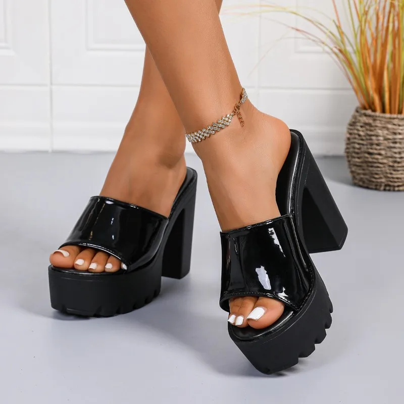 

Square Heel Platform Mules Women Outdoor Slippers Peep Toe Slip on Sandals Chunky Heel Shoes Slingback