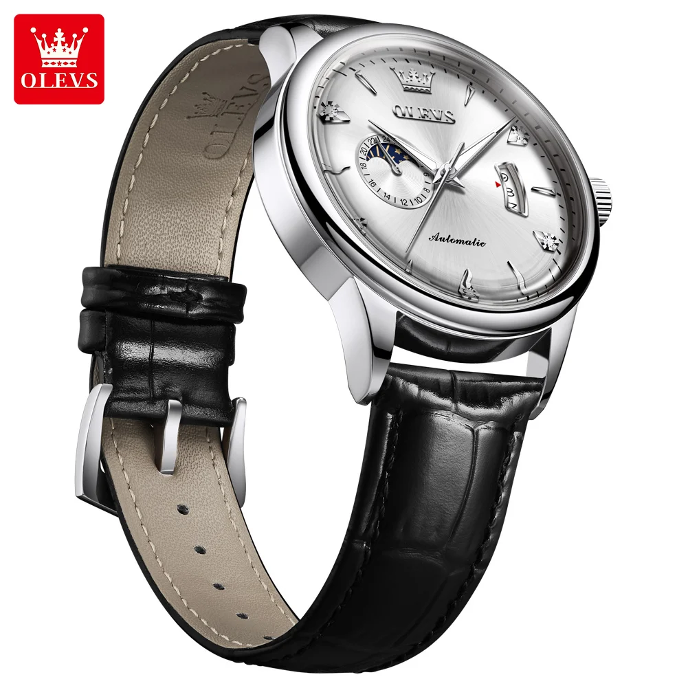 OLEVS 7040 Casual Men's Watches High Hardness Curved Mirror Leather Strap Original Automatic Mechanical Wristwatch Moon Phase