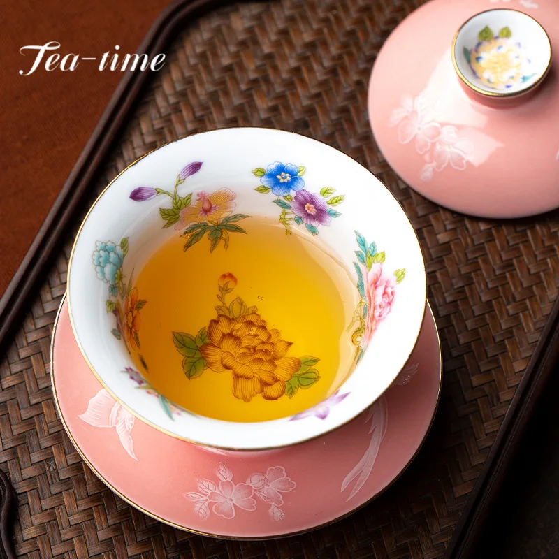 Wedding Pink Respect Gaiwan Vintage Porcelain Flower Bowls Tea Tureen Tea Making Cover Bowl Teapot Tableware Accessories Gift