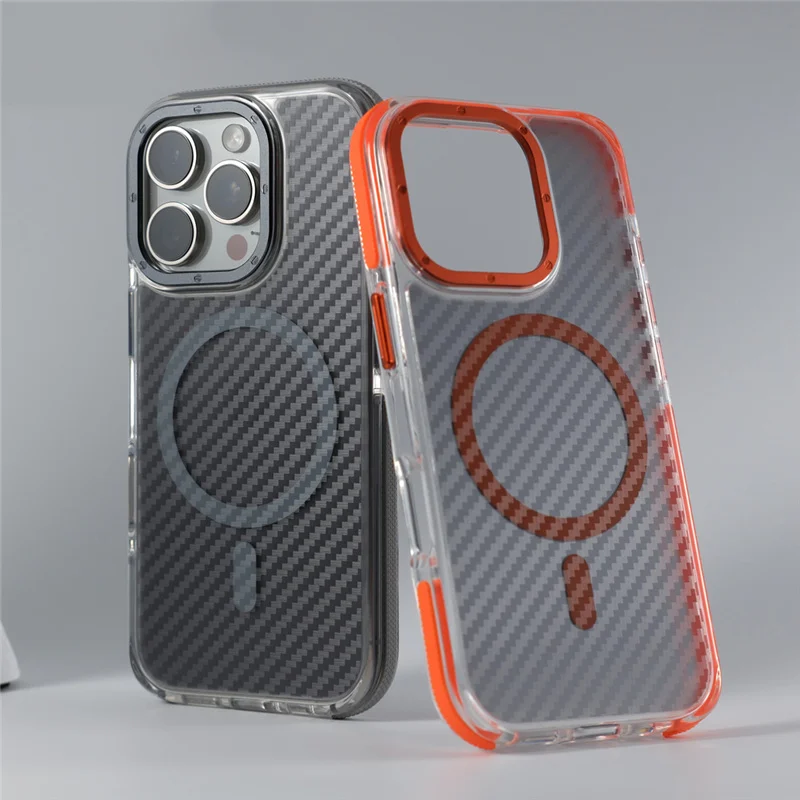 For Magesafe Magnetic Carbon Fiber Wireless Charge Case For iPhone 16 15 14 13 15 Pro Max Clear Shockproof Hard Armor Cover