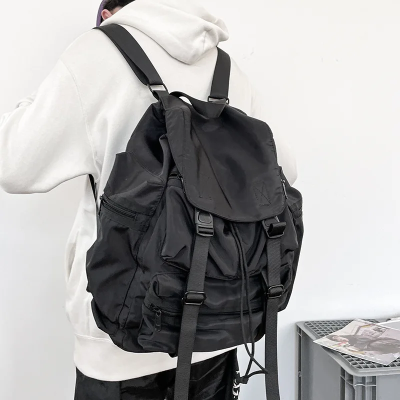 Korean Trendy Ins Streetwear Backpacks Casual Punk Drawstring Rucksacks New High-capacity Solid Schoolbags Men Women Travel Bags