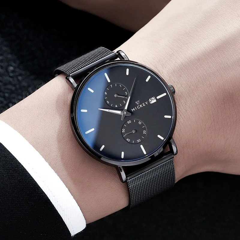 

Оригинальные наручные часы Disney с календарем и сетчатым ремешком, модные мужские часы, мужские часы Disney со стальным ремешком, простые мужские часы с 4-контактным черным кварцевым механизмом, 32
