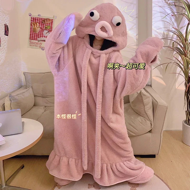 Winter Women's Night-Robe Pijama Funny Octopus Sleeping Dress Robe Mujer Coral Velvet Pyjama Pour Femme Hooded Night Dress